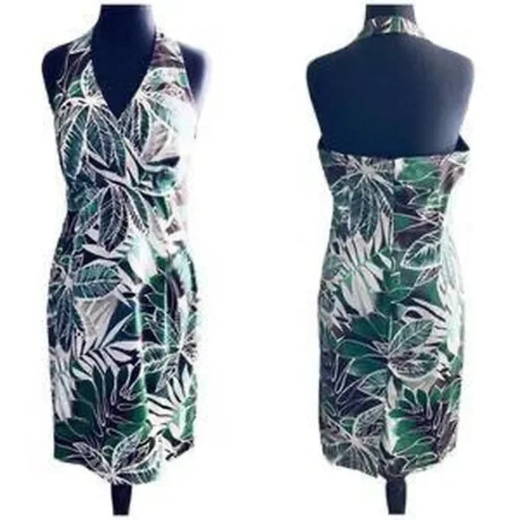 Tropical Leaf Halter Dress | Green White Black | Size 8P | Jones New York - Picture 1 of 7